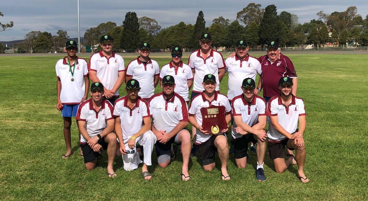 Take a knee: The Goulburn team was all smiles after their thrilling nine-run win over Cootamundra in the Stribley Shield final on Sunday. Photo: Supplied.