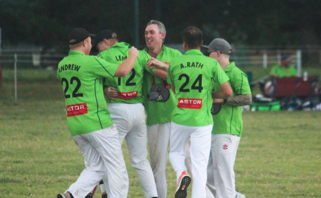 On top: The Rats celebrate a wicket off the bowling of Rob Channing (middle) in the second innings. Photo: Zac Lowe.