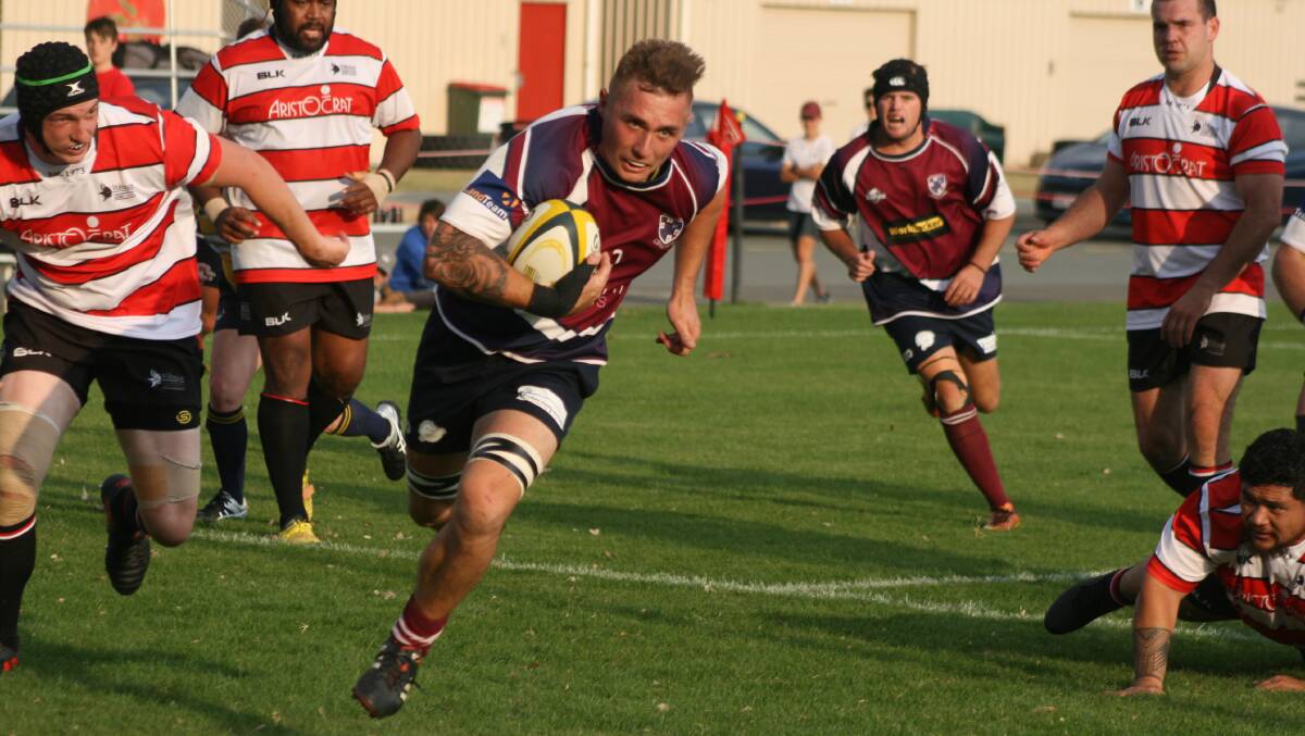 On the run: Breakaway Brad Clements crosses for a try late in the second half of the first grade game against Tuggeranong. Photo: Supplied. 