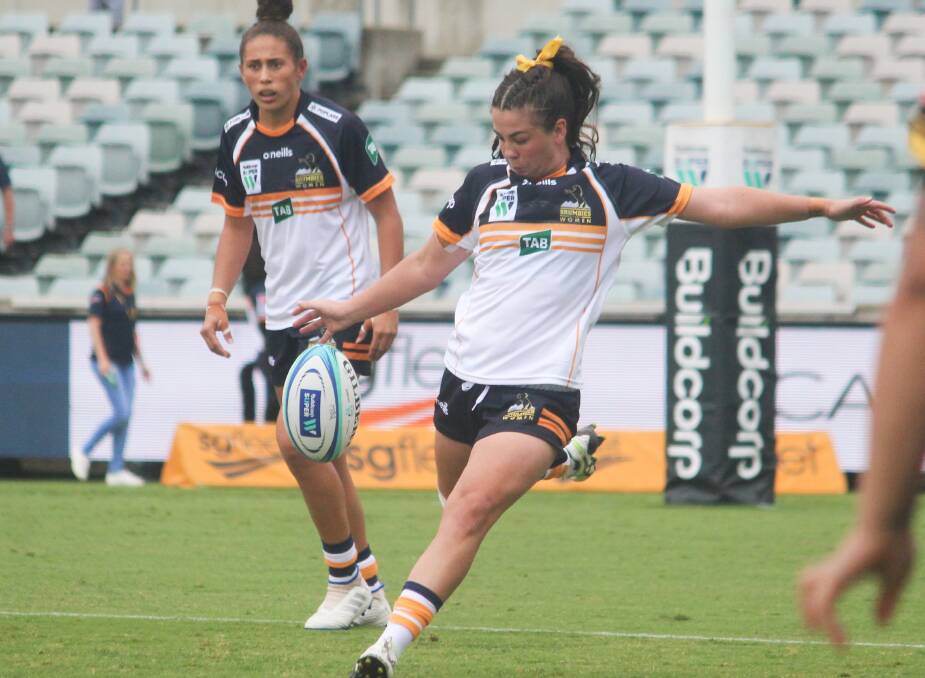 Big boot: Sammi Wood's kicking was crucial to the Brumbies' win on Saturday, when she booted two conversions and two penalty goals. Photo: Zac Lowe.