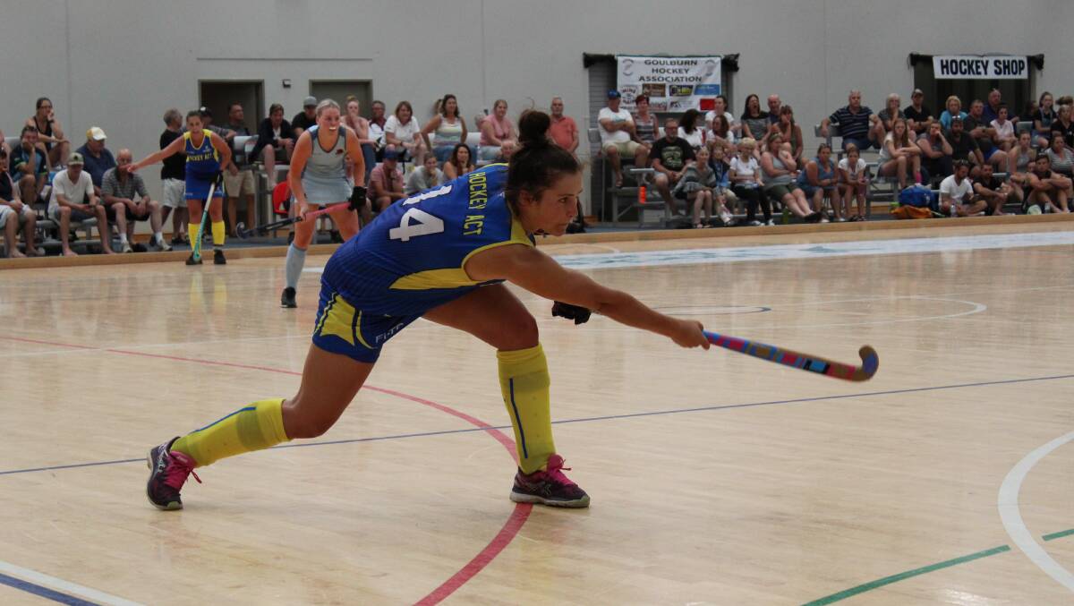 Nice shot: Goulburn local Sassie Economos played for the ACT at the Indoor Hockey Festival earlier this year, which was the first time the event was held in Goulburn. Photo: Zac Lowe. 