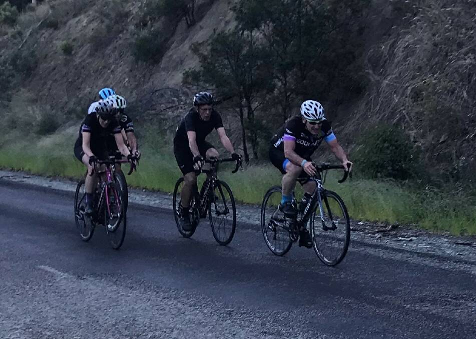 On the charge: Chris Berry leads the C Grade pack midway through the scratch race, in which the riders battled fierce winds. Photo: Supplied.