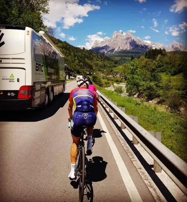 What scenery: Navybox, pictured here as he completes stage 19 of the Giro d'Italia, now has his sights set on the Tour de France, which begins July 6 in Binche, Belgium. Photo: Ride with Mike/Facebook.