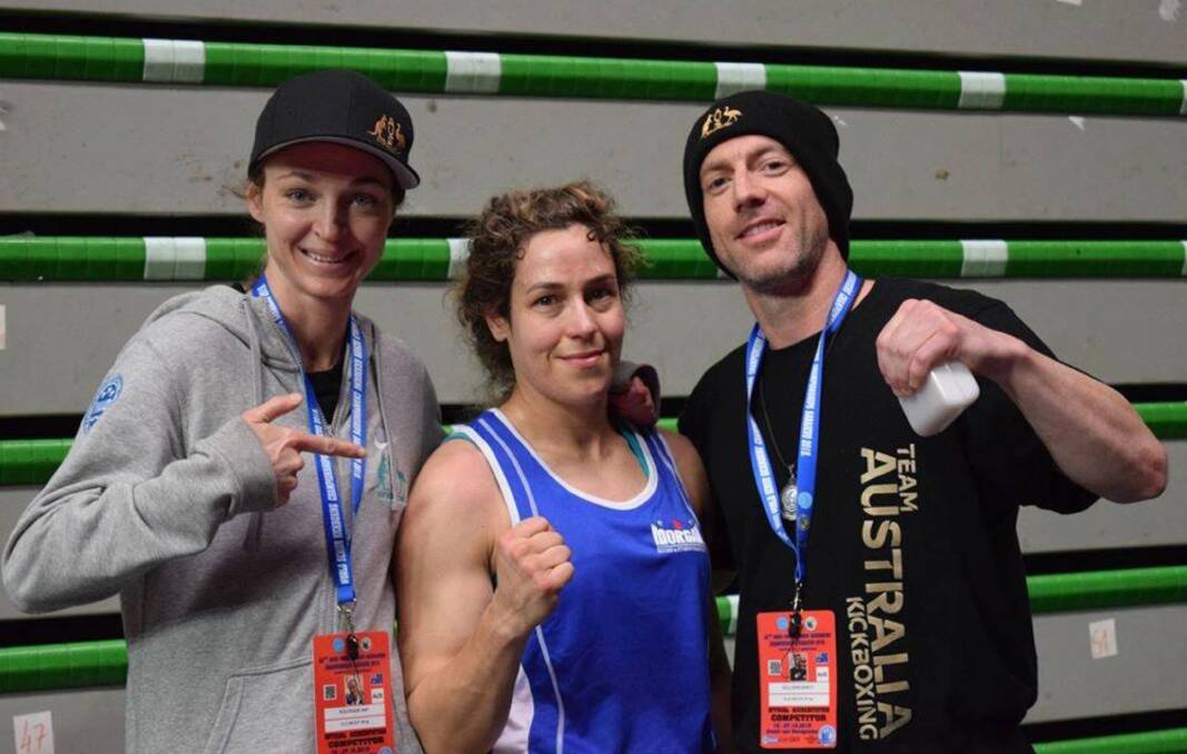 Fighters: (from left) Amy Kolosque, Tegan Taylor, and Darcy Sullivan during the recent WAKO World Championships, which were held in Bosnia in October. Photo: Mulwaree Muay Thai. 