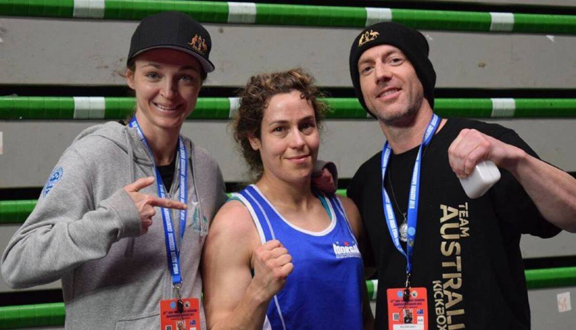Worlds: Amy Kolosque (left) alongside Tegan Taylor and Darcy Sullivan at the WAKO World Championships in 2019. Kolosque credited her success in the sport largely to their tutelage. Photo: Mulwaree Muay Thai. 