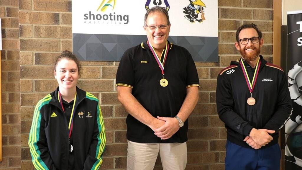 Happy winner: David Wright (centre) out-shot Elise Collier and Dane Sampson for a well-earned victory in South Australia last weekend. Photo: Supplied.