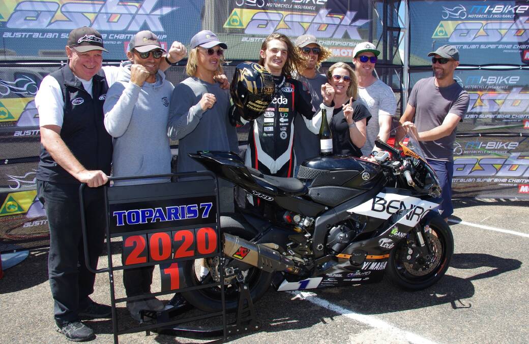 Thrilled: Tom Toparis (centre) celebrates his second consecutive ASBK Supersport title on Sunday at Wakefield Park. Photo: Darryl Fernance. 