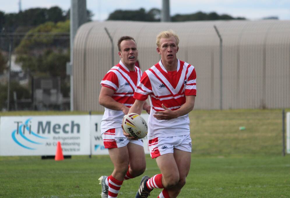 Goulburn pair: Tyson Greenwood (left) and Nic Cornish in Monaro colours during a match against the Illawarra Dragons in 2018. Photo: Zac Lowe.