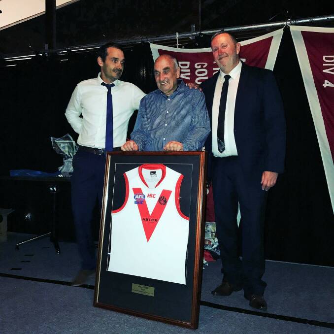 RECOGNITION: Goulburn Swans president Heath Russell, long-time supporter and birthday boy Bob Stephens and Gavin Halder at the presentation night. Photo: supplied