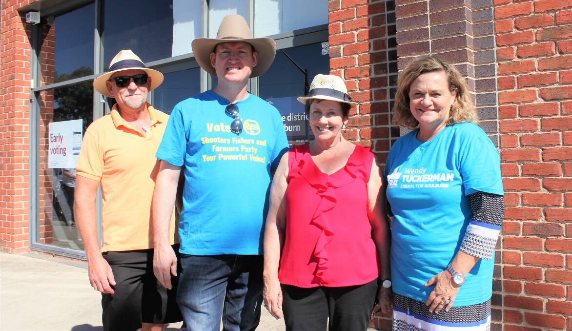 CANDIDATES: One Nation (Upper House) Rod Roberts; Shooters, Fishers and Farmers' Andy Wood; Labor's Dr Ursula Stephens; and Liberals' Wendy Tuckerman outside the pre-polling booth in Sloane Street, Goulburn. 