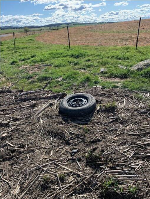 TYRE-SOME: A rubber tyre washed up by the flood onto Bill and Jacinta Ryan's property. Photo supplied by Bill & Jacinta Ryan.