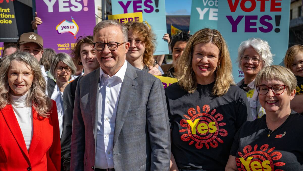 Anthony Albanese, second from left, with 'yes' supporters in Tasmania, earlier this year. Picture by Paul Scambler