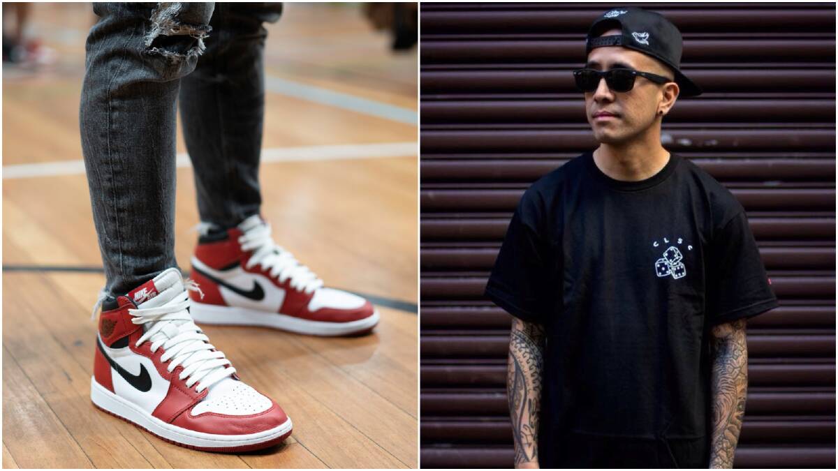 Right: Jay Mijares and his friends founded Kickz Stand, which is planning a Wollongong event soon. Left: Air Jordan 1 'Mocha' in high-tops.