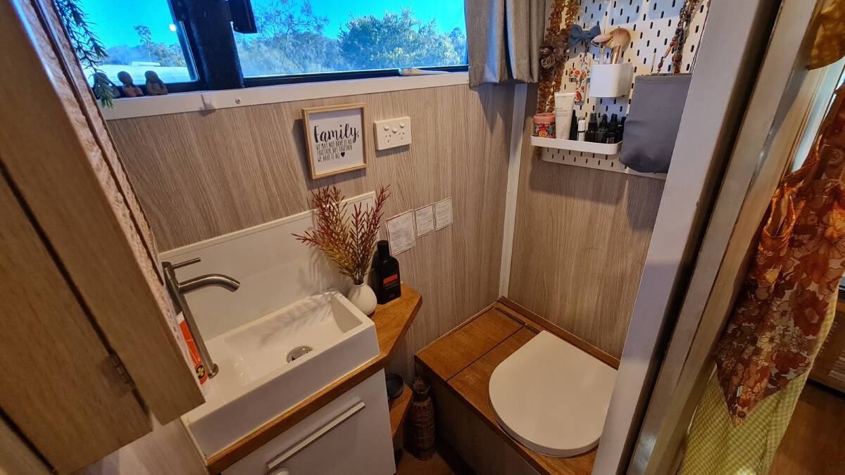 "Our shower is just a standard house shower that can run off our water pump, or standard water supply at caravan parks," Clinton said. "However our toilet is a composting toilet, with a urine separator. This saves us from using unnecessary chemicals in our system and as the solids and urine are separated it doesn't create sewage."