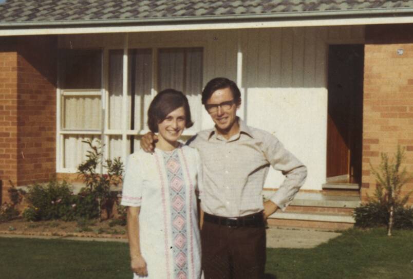 Zed Seselja's parents Kate and Loui Seselja outside the first family home they bought in Canberra after leaving Croatia to start a new life. Picture: Supplied