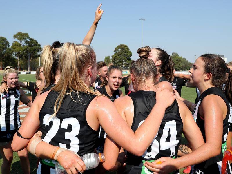 Collingwood players celebrate their six-point AFLW win over the Brisbane Lions.