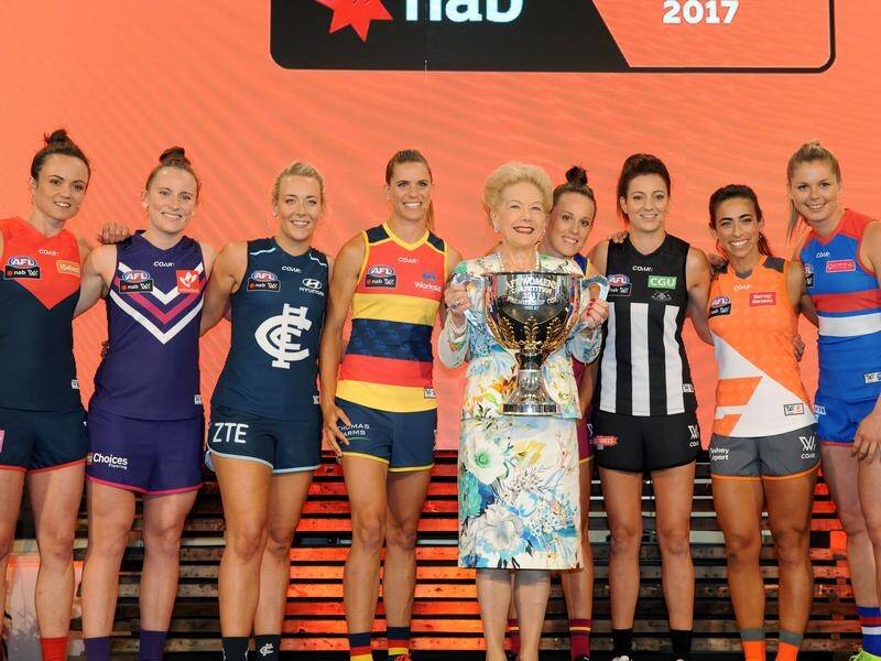 AFLW ambassador Susan Alberti and club captains at the league's inaugural launch in February 2017.