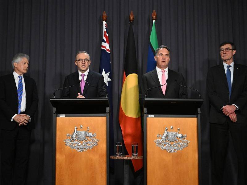 Anthony Albanese and Richard Marles (second from right) have announced a defence force review. (Mick Tsikas/AAP PHOTOS)