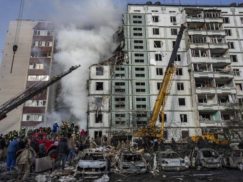 Seven people have been killed in a Russian attack on an apartment block in Uman, central Ukraine. (AP PHOTO)