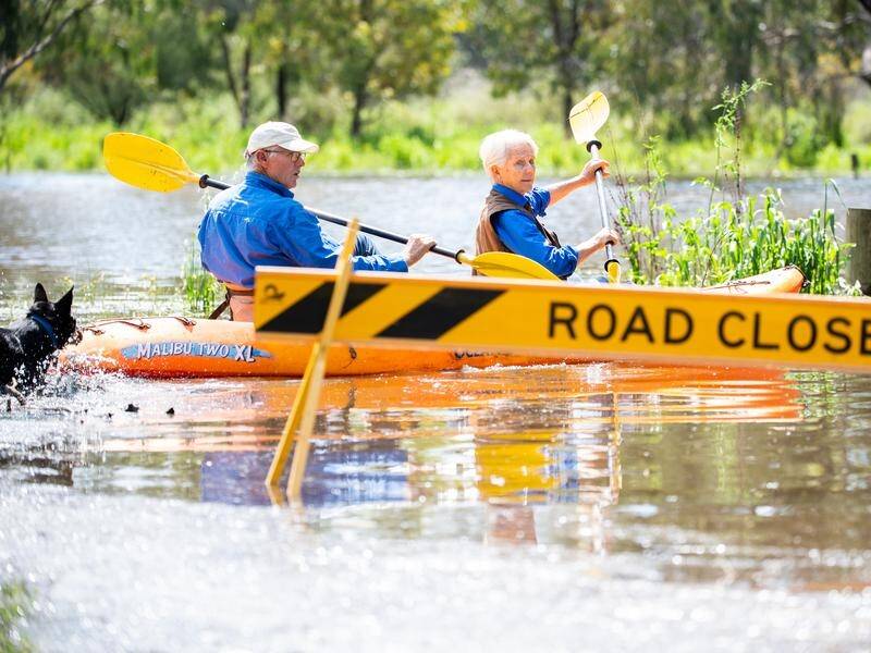 Wendy and Kim Muffet kayak up their driveway with Pete the kelpie at flood-affected Forbes in NSW. (Stuart Walmsley/AAP PHOTOS)