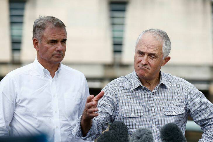 Snowy Hydro CEO Paul Broad and Prime Minister Malcolm Turnbull address the media after his tour of the Snowy Hydro Tumut 3 power station in Talbingo, NSW, on Thursday 16 March 2017. fedpol Photo: Alex Ellinghausen Photo: Alex Ellinghausen