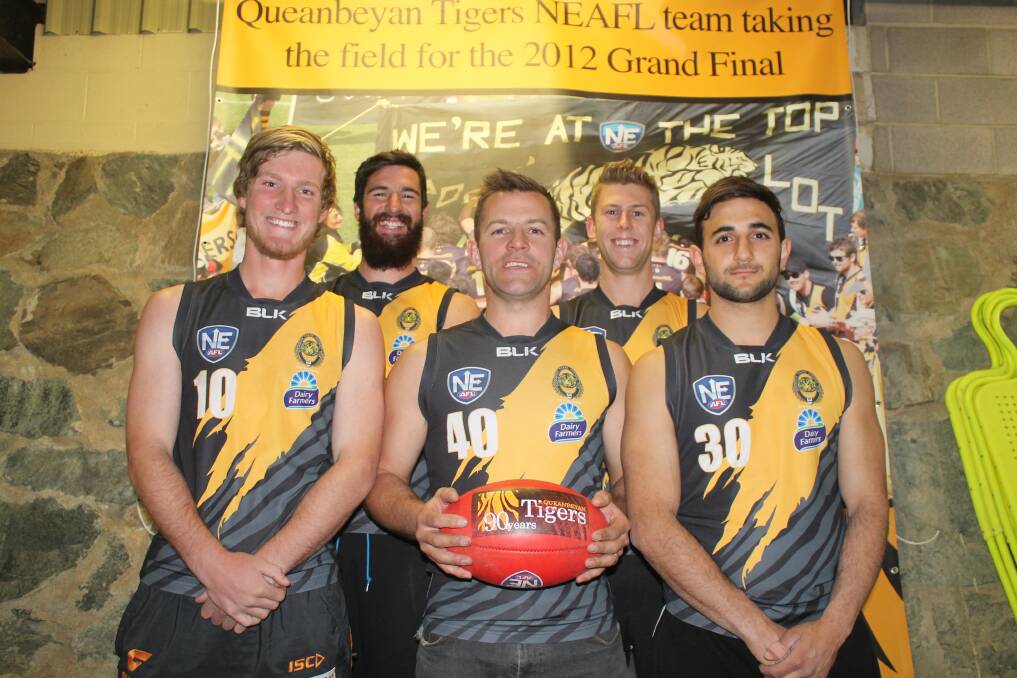 Queanbeyan Tigers AFL Canberra first division players Stephen Camp, Mitch Gorman, Michael Wescombe, Sean Richardson and Elie Maatouk. Photo: Joshua Matic.