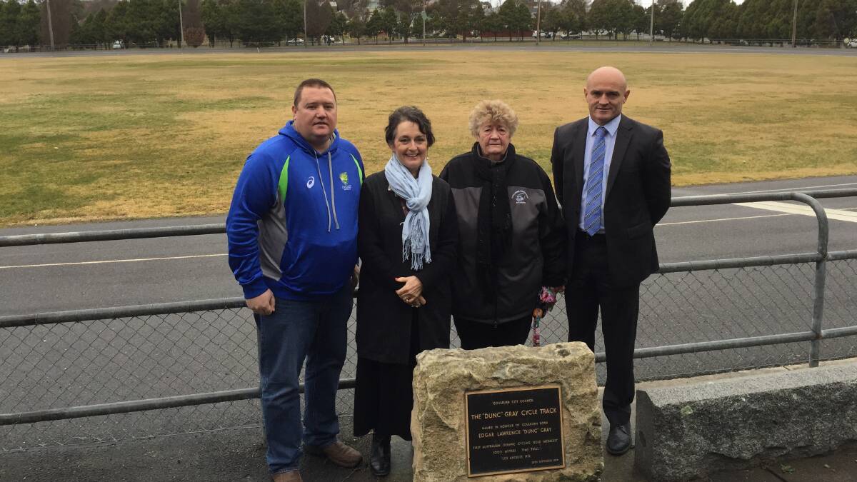 
UPGRADE: Goulburn and District Cricket Association member Tim Price, Goulburn MP Pru Goward, Cr Margaret O’Neill and Council’s operations director Matt O’Rourke pictured at the Dunc Gray memorial at Seiffert Oval on Monday. Ms Goward announced a $200,000 upgrade for the oval. See story page 3. Photo: David Cole
