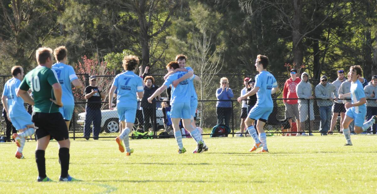 MIGHTY STAGS: The skipper Aaron Swanson
celebrates the game clinching goal against
Yerrinbool on Saturday. Photo: Lauren Strode