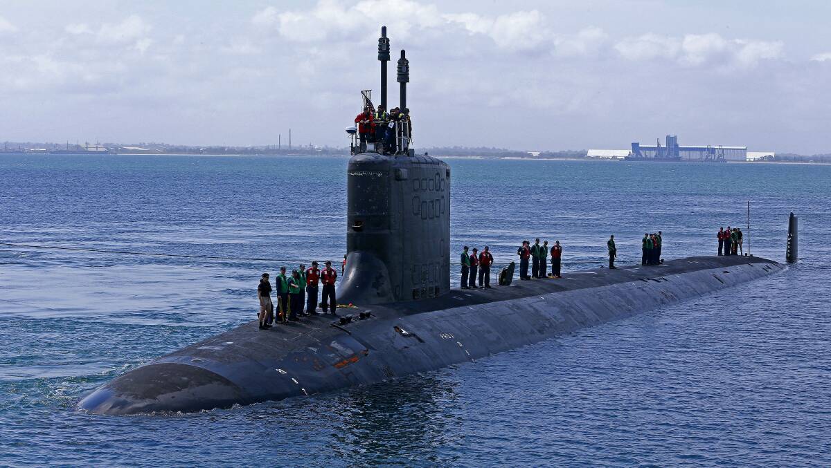 USS Hawaii, a Virginia-class United States submarine, makes her way to berth at Diamantina Pier, HMAS Stirling, Western Australia. Picture: Department of Defence