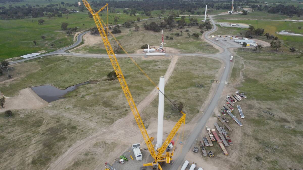 A wind turbine is constructed at Collector Wind Farm where FIFO workers are still entering. Photo: supplied
