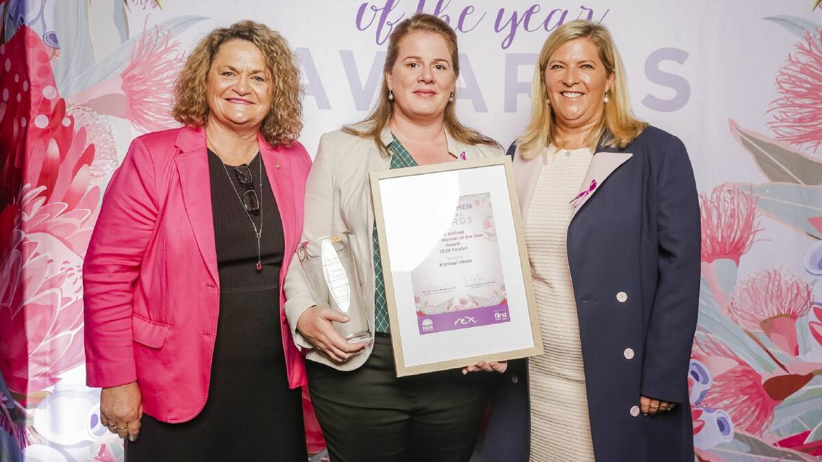 Regional Woman of the Year: Gunning and Fish River Rural Fire Brigade Captain Krystaal Hinds (middle) with member for Goulburn Wendy Tuckerman (left) and minister for women Bronnie Taylor (right) at the NSW Woman of the Year Awards. Photo: supplied