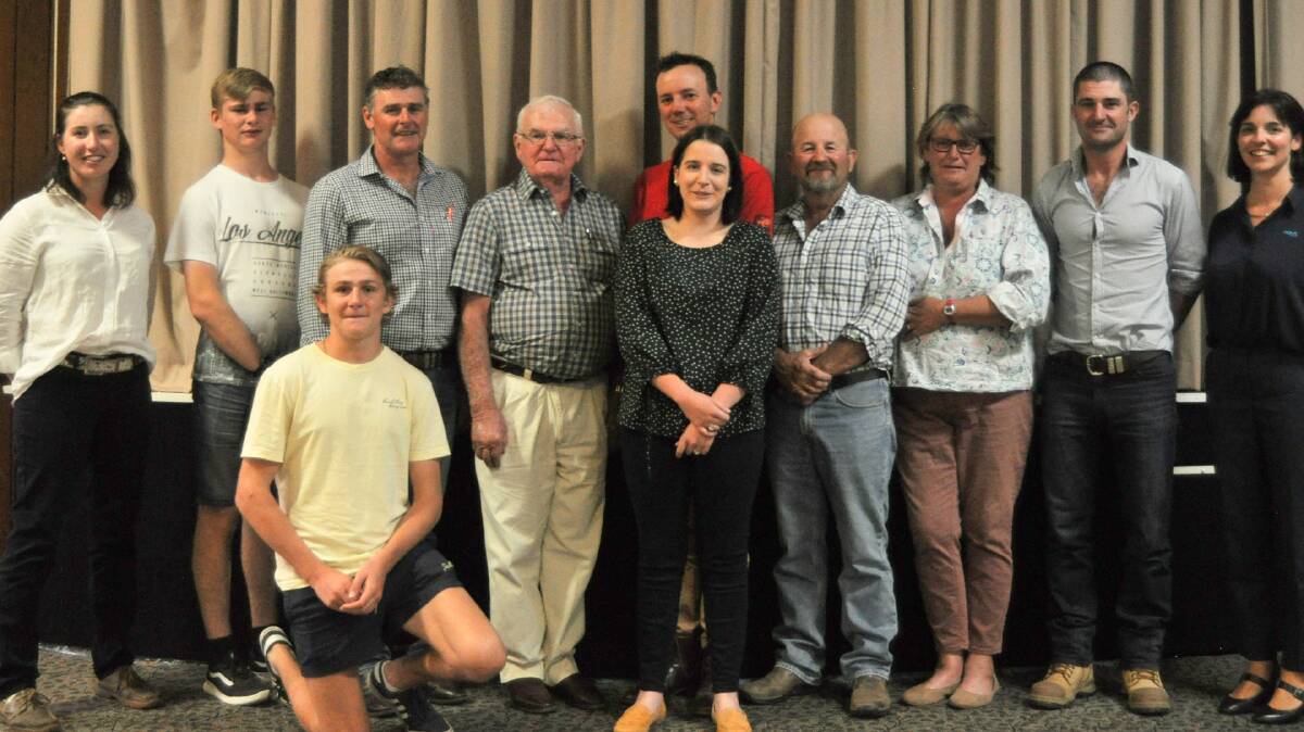 SHORT WOOL FINALISTS: Judge Georgia Waters; Michael Lowe with sons Paddy and Alex and father John Lowe of Innisvale; Brian and Maddy Lowe of Pineville; Graeme and Diane Hewitt of Wongalea; judge Alan McCormack; and sponsor Adele Fiene, ANZ Agribusiness specialist. MISSING: Anthony Selmes of Glenayr. Photo: Hannah Sparks