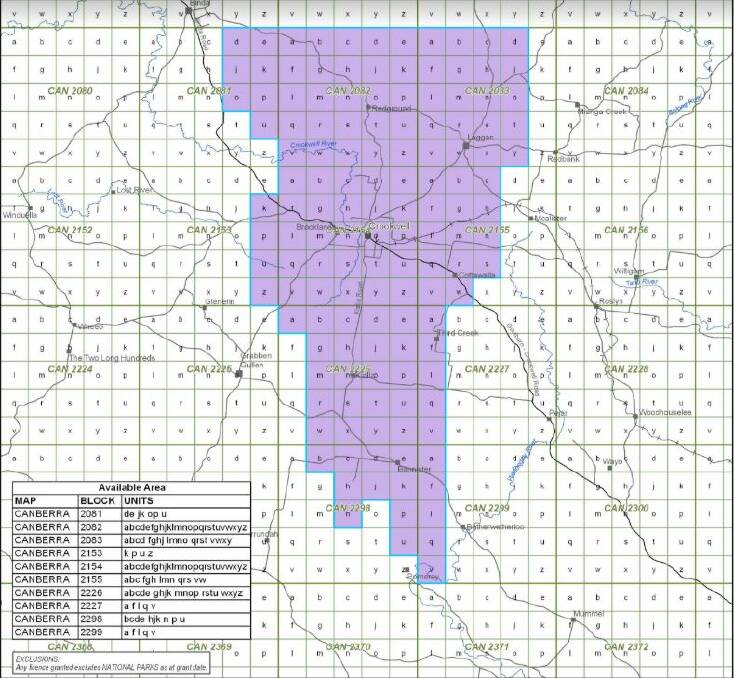 Map shows the area of land included in New South Resources' application. Source: Spatial Services Resource Operations