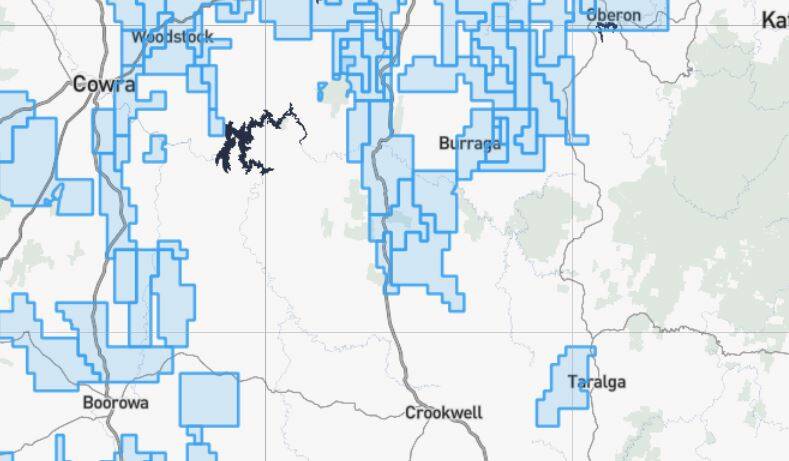 Map shows mineral exploration licences near Taralga and around Tuena. Source: Department of Planning, Common Ground