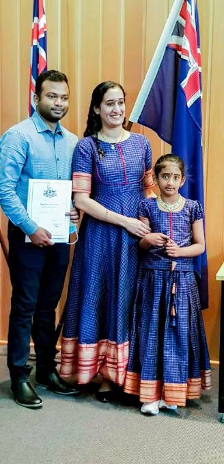 New citizen Arun Pallathery Haridasan with wife Viji Prakash and daughter Mitravinda Arun. Photo: supplied. 