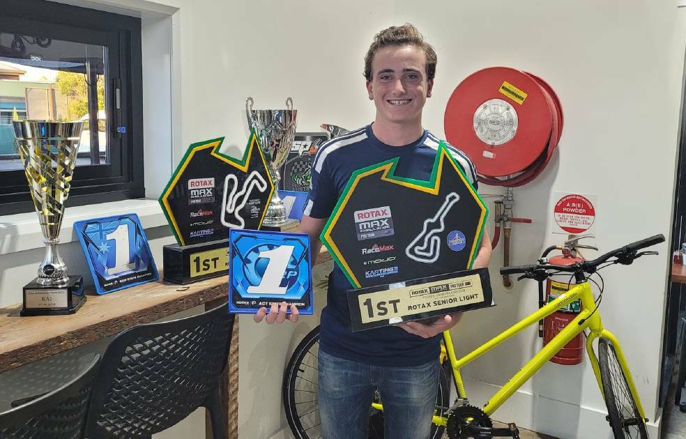 Costa Toparis with his Australian Rotax Pro Tour's Senior Light race round one trophy a few months ago. Picture by Burney Wong. 