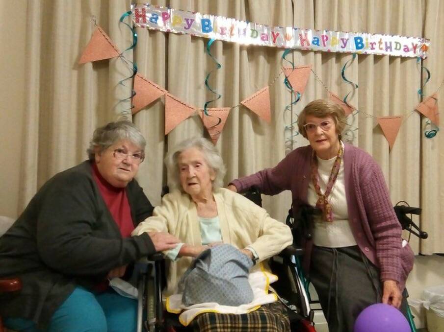 Kath Hart, who turned 104-years-old, with daughters Margaret and Jacquie Hart. Photo: Jacquie Hart. 