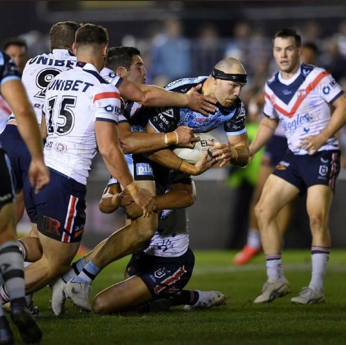 Charge: Tom Hazelton during his debut for the Cronulla Sharks this year. Photo: Supplied. 