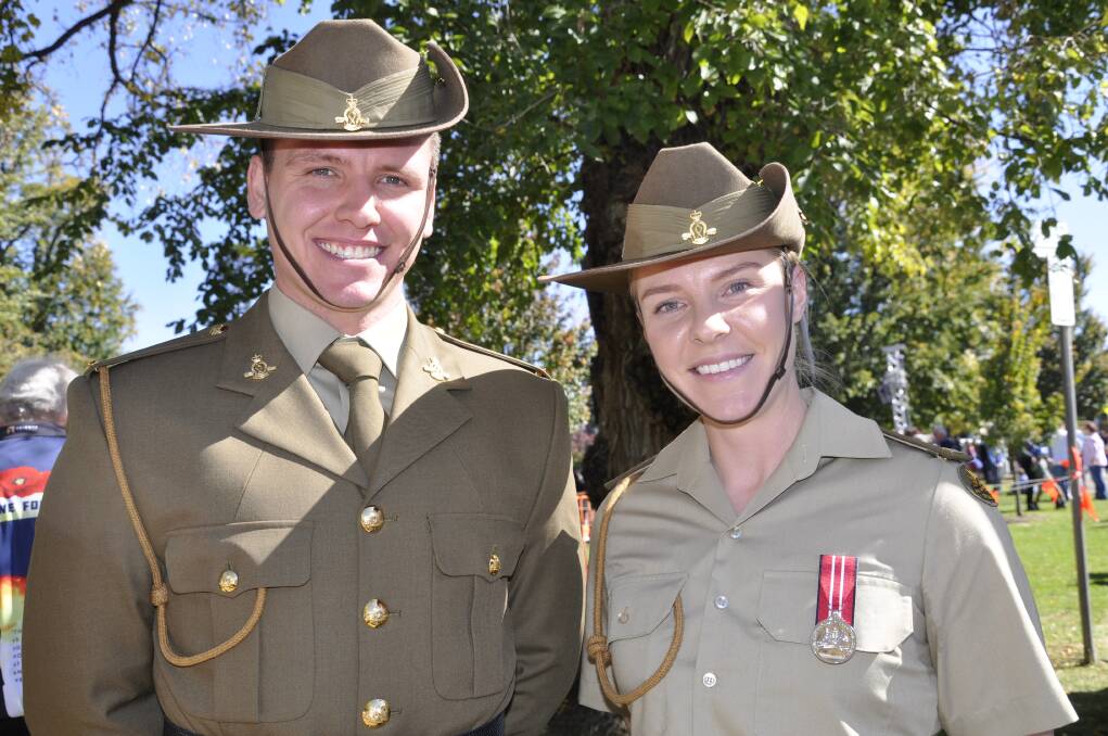 Royal Military College staff cadet Damon Bromeley delivered the Anzac Day mid-morning address while staff cadet Sarah Thamm sang the national anthem. Picture by Louise Thrower. 