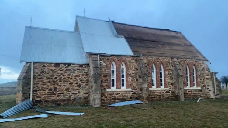 The roof of St Brigid's Church in Breadalbane blew off on the weekend. Photo: Steve Watson. 
