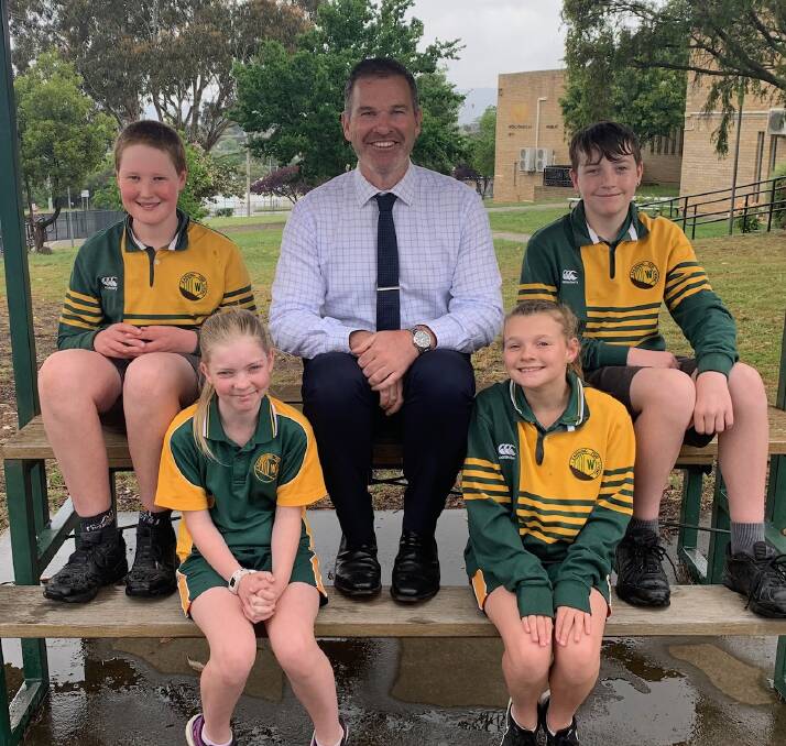 Bede Darcey with the Wollondilly Public school captains and vice captains Rob Emerson, Lillie Sheuner, Eva Blay and Ollie Lockman. Photo: supplied. 