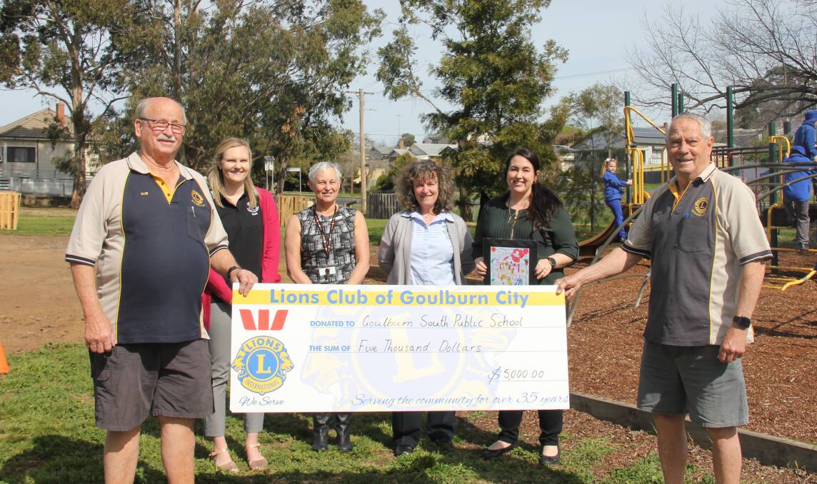Generous: Lions Club of Goulburn Bob Collins and Des Rowley presenting Cheque to
Rachel Bullock, Ann Patchett, Bev Grant and Bianca Bosevski Decker from
Goulburn Souths Friendship Park Committee members. Photo: supplied. 