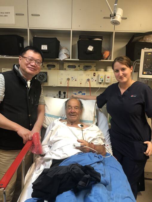 Medical officer at Goulburn Base Hospital Dr Lip-he Chan with registered nurse Jasmine Jesenovich and patient Michael Sturrock.