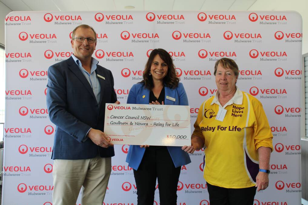 Veolia Mulwaree Trust's Justin Houghtonwith Cancer Council's Brooke Manzione and Rosemary Chapman. Photo: supplied. 