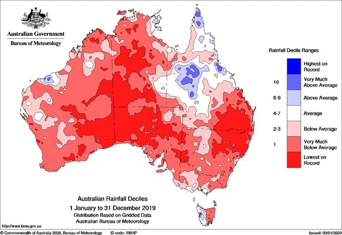 2019 annual rainfall compared to historical rainfall observations. Photo: BoM