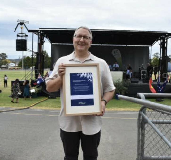 Greg Angus after accepting the community event of the year award for Mighty Playwrights project. Pic: Neha Attre