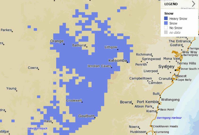 WHITEOUT: Predictions of snowfall for the region at 7am on Saturday. Image: BUREAU OF METEOROLOGY