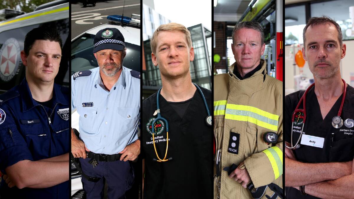 ON DUTY: Paramedic Ben Tory, Sergeant Matt Paterson, Dr Josh Holden, Station Officer Lachlan Arnold and Dr Andy Ratchford. Pictures: Geoff Jones