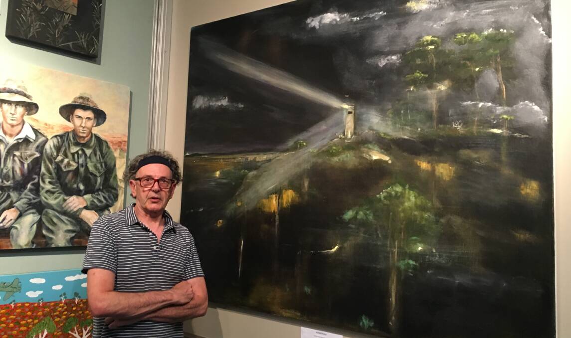 Artist Rodney Pople with 'Goulburn War Memorial at 3am', a work highly commended in the Gallipoli Art Prize featuring the Rocky Hill War Memorial. Photo supplied.