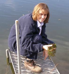 WEEDY PROBLEM: Council water engineer Marina Hollands with some of the Red Water Milfoil that is blocking the pumps at Copford Reach.